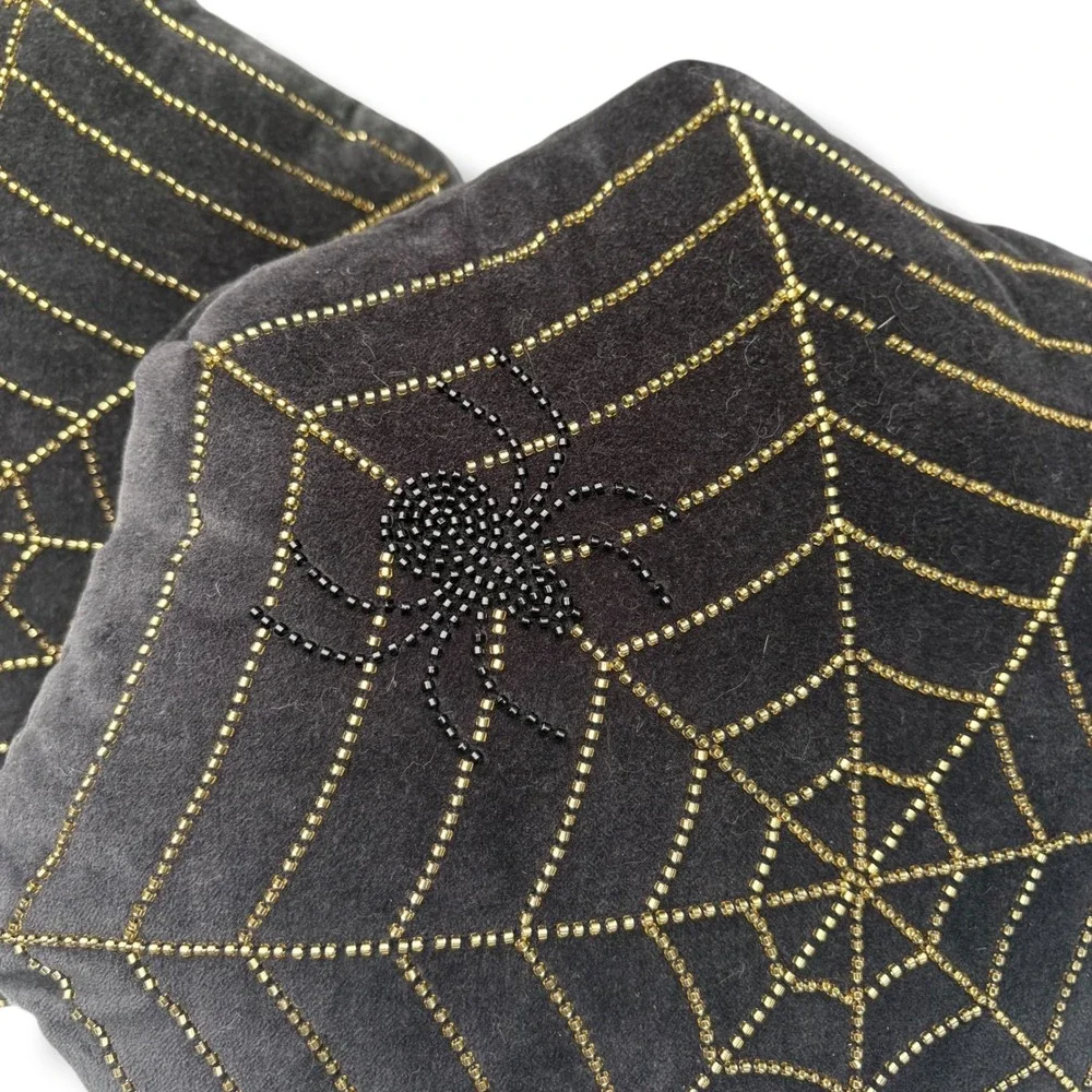 Threshold Halloween Spider Web Beaded Velvet Hexagon Pillows Black Gold Set 2